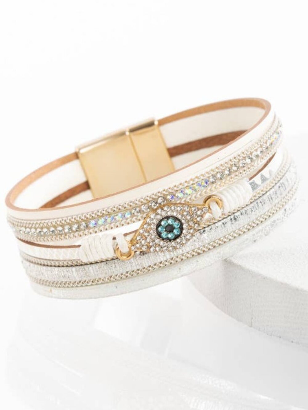 Good Vibes! SAACHI White Evil Eye Leather Metallic Bracelet |